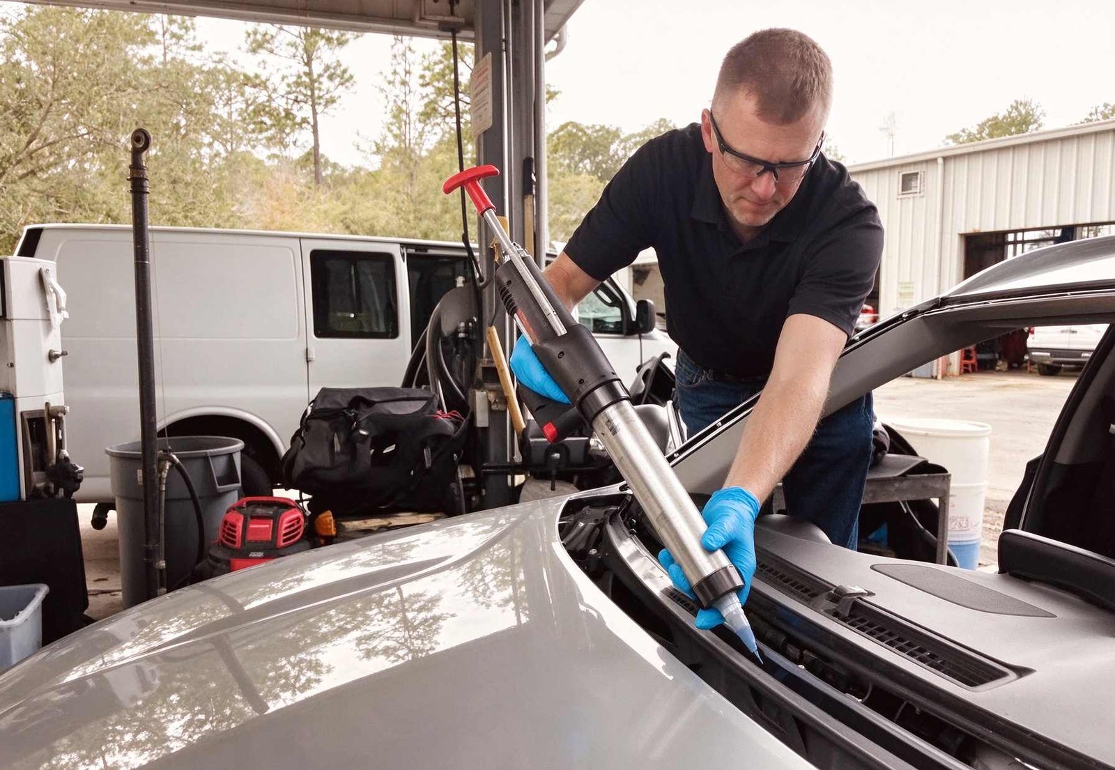 Technician applying polyurethane adhesive over pinchweld requiring specific automotive primer protection